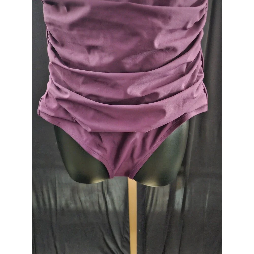 DKNY PURPLE RUCHED ONE PIECE SWIMSUIT REMOVABLE STRAP SZ L NWT - Picture 9 of 10